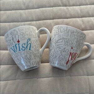 Starbucks Wish and Joy Ceramic Mugs - White with Red and Blue Accents Set of 2